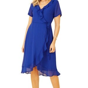 DKNY CHIFFON ROYAL BLUE FLUTTER SLEEVE FIT AND FLARE DRESS